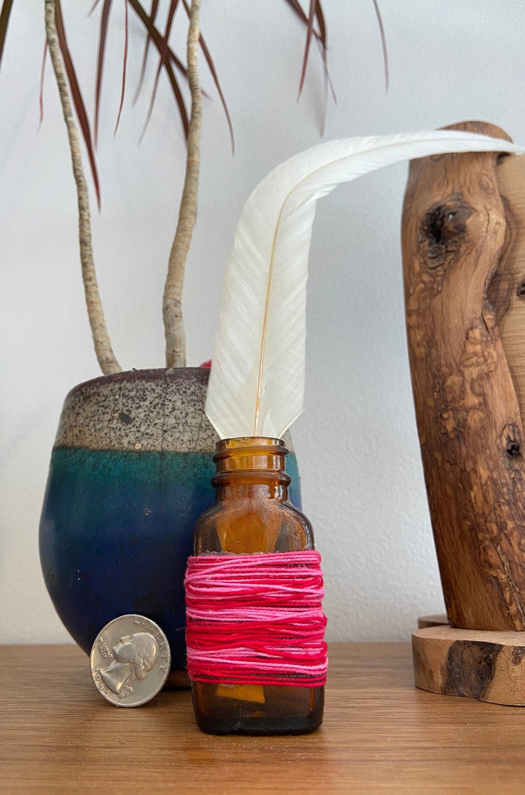 Antique apothecary bottle, Bud vase, string wrapped, boho gift, found objects on beach, pink and red, amber glass