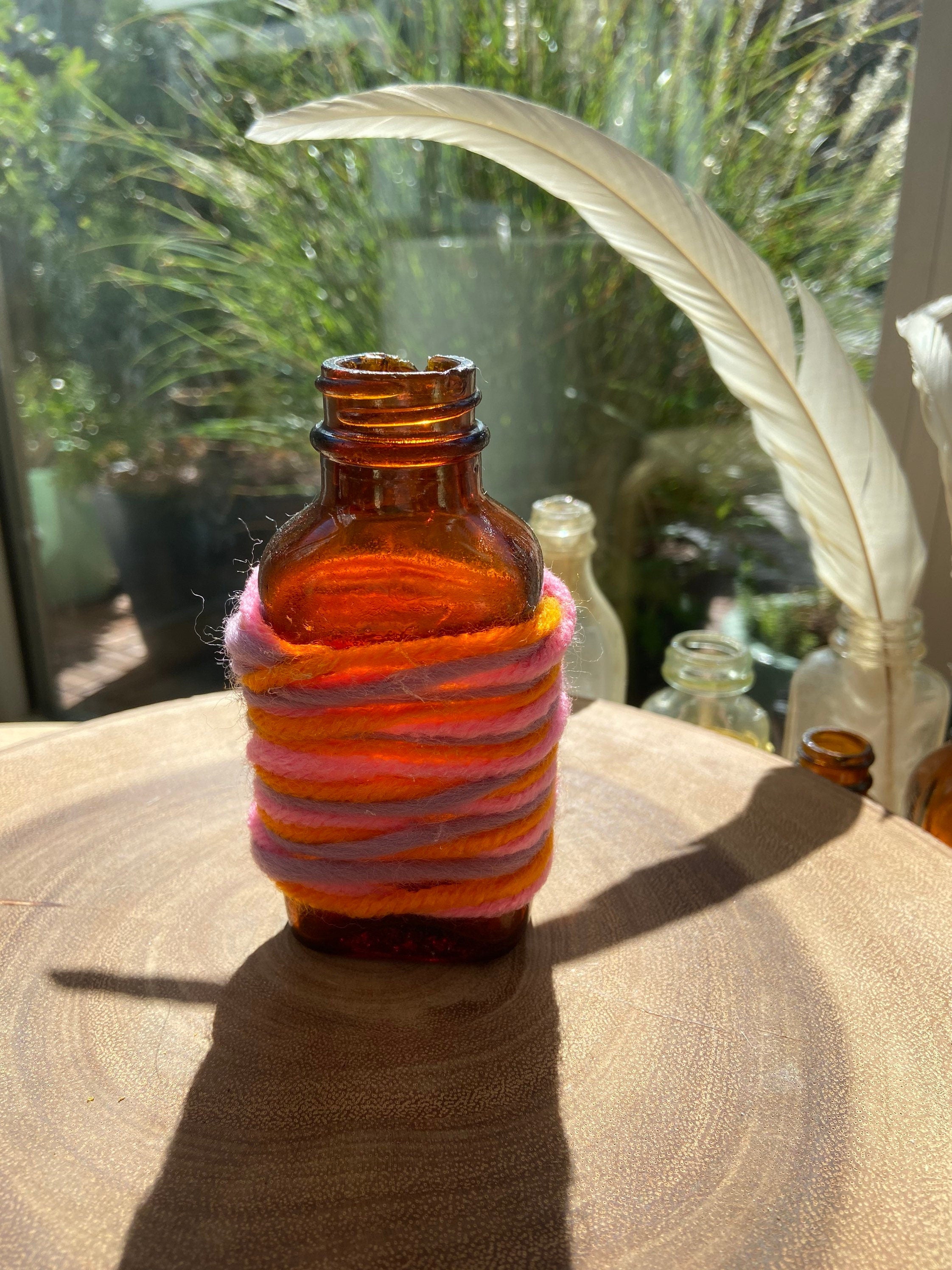 Antique apothecary bottle, Bud vase, center piece, table scape, string wrapped, boho gift, found objects, orange, purple, pink, amber glass