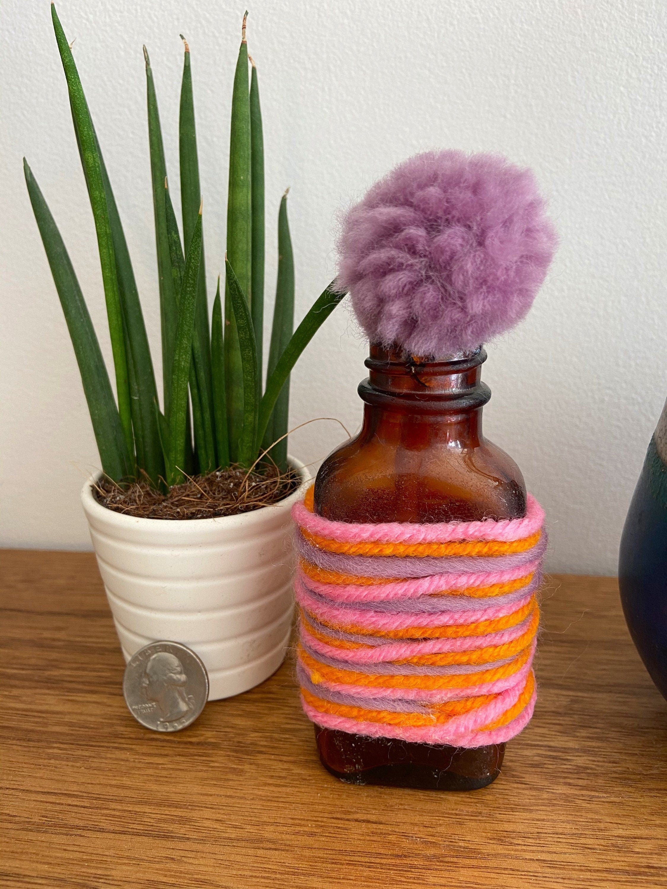 Antique apothecary bottle, Bud vase, center piece, table scape, string wrapped, boho gift, found objects, orange, purple, pink, amber glass